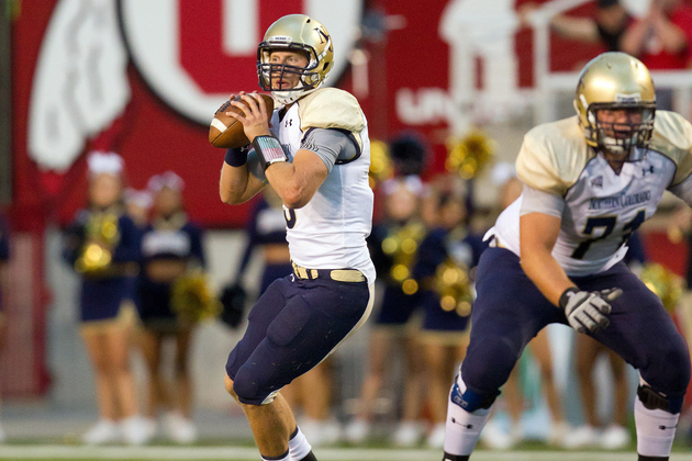 Northern Colorado Bears QB Seth Lobato (9) drops back to pass during the second half