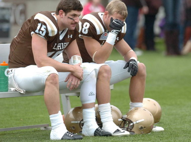Lehigh quarterback Mike Colvin, left, and Ryan Spadola react after the Mountain Hawks' loss to Colgate. 11/10/2012