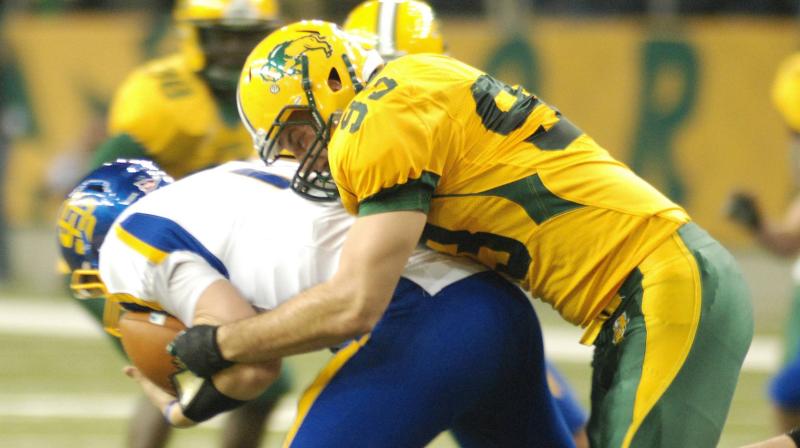 North Dakota State defensive end Cole Jirik (93) comes up with a sack during the Bison 28-3 win over South Dakota State on Saturday.