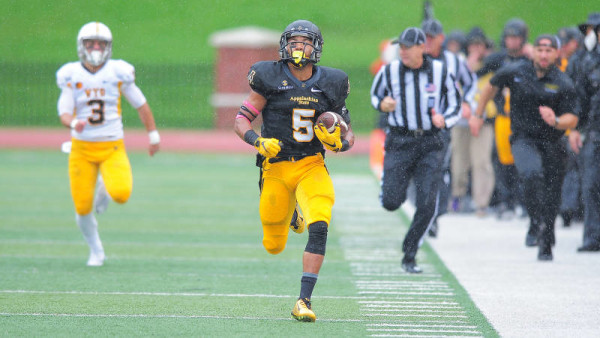 Latrell Gibbs’ 91-yard interception return for a touchdown gave Appalachian State a 14-0 lead less than five minutes into Saturday’s 31-13 homecoming win over Wyoming. (Keith Cline / App State Sports)