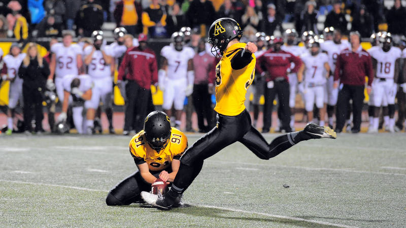Zach Matics kicked two field goals in overtime, including the game-winning 24-yarder, to help Appalachian State fend off upset-minded Troy, 44-41, in triple overtime on Saturday afternoon at Kidd Brewer Stadium. (Keith Cline/Appalachian State Athletics)